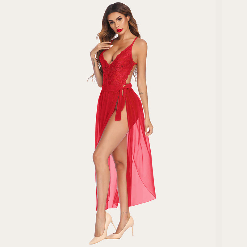 Lena - Sexy Deep V Lace Bodysuit mit Mesh Rock