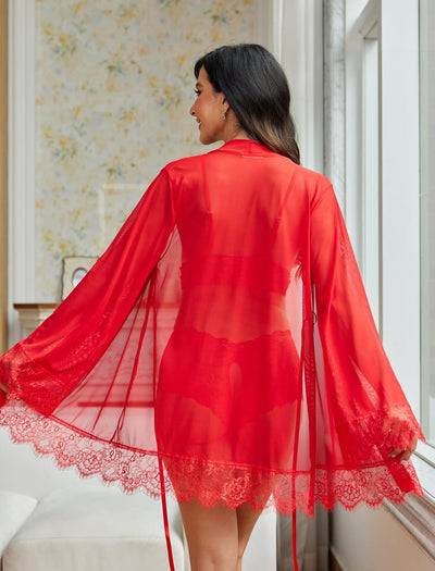 3-teiliges Spitzen-Kimono-Robe mit BH und Slip