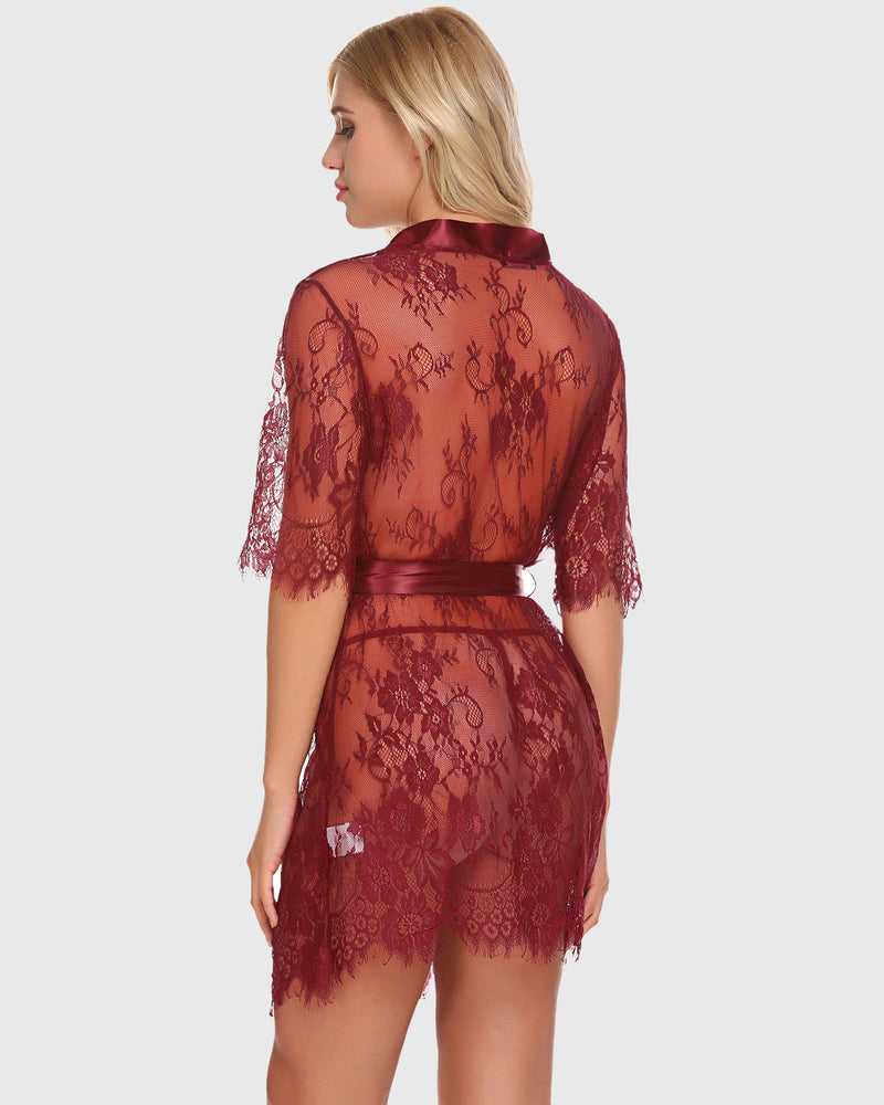 Kimono Robe Blumen durchsichtiges Spitzen-Set