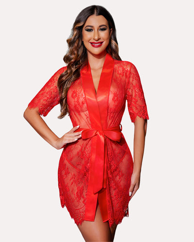 Kimono Robe Blumen durchsichtiges Spitzen-Set