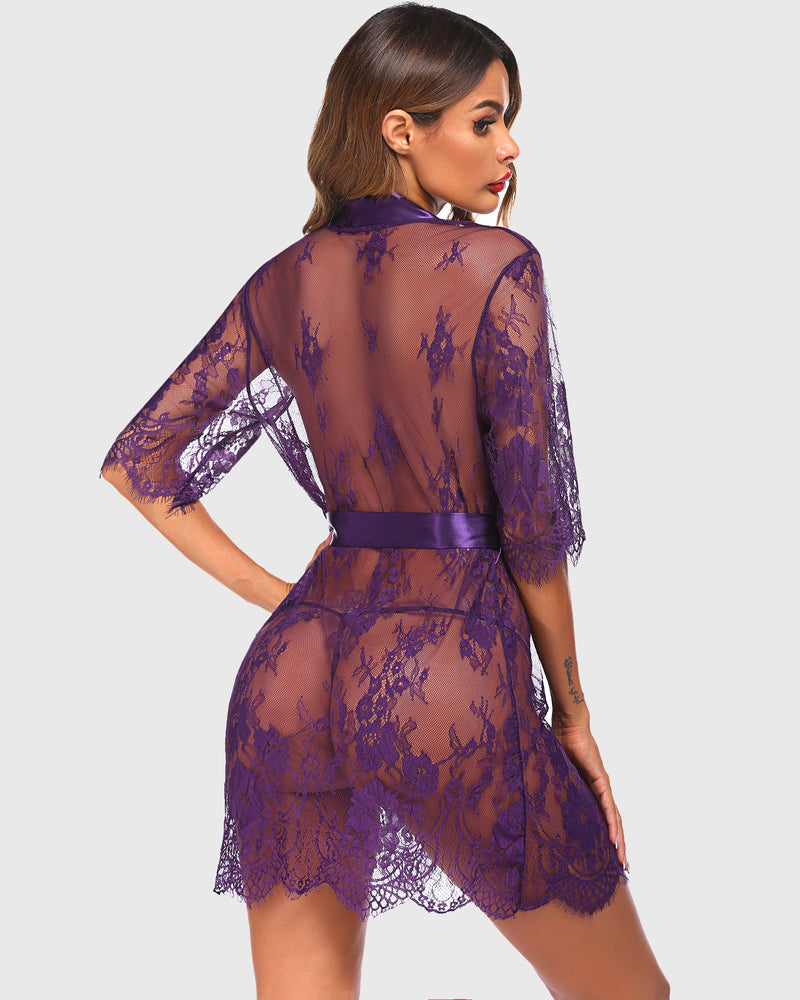 Kimono Robe Blumen durchsichtiges Spitzen-Set