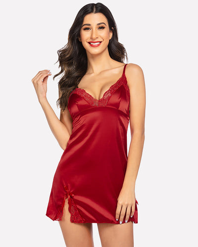 Satin-Spitzen-Minikleid mit V-Ausschnitt Nachthemd