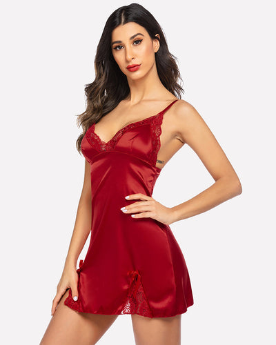 Satin-Spitzen-Minikleid mit V-Ausschnitt Nachthemd