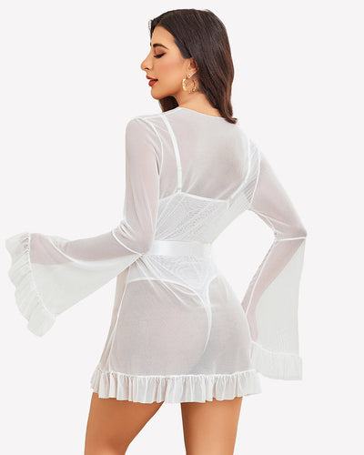 2-teiliges transparentes Kimono-Bademantel-Set mit Spitzen-Teddy