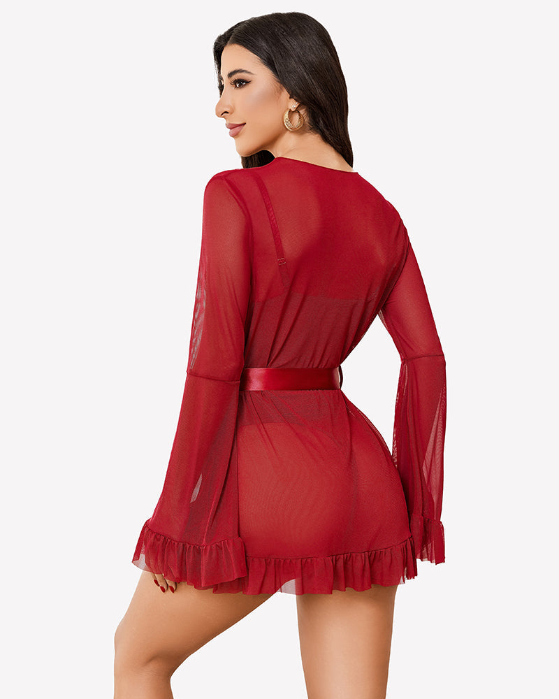 2-teiliges transparentes Kimono-Bademantel-Set mit Spitzen-Teddy