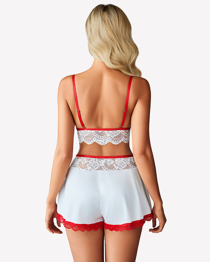 Spitzen-BH und Seidensatin-Shorts mit Mesh-Robe