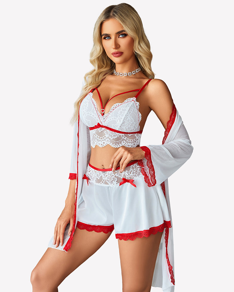 Spitzen-BH und Seidensatin-Shorts mit Mesh-Robe