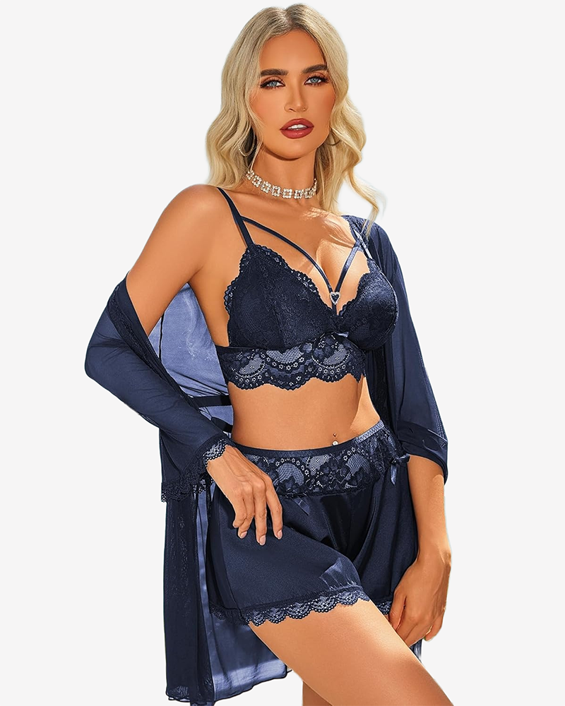 Spitzen-BH und Seidensatin-Shorts mit Mesh-Robe