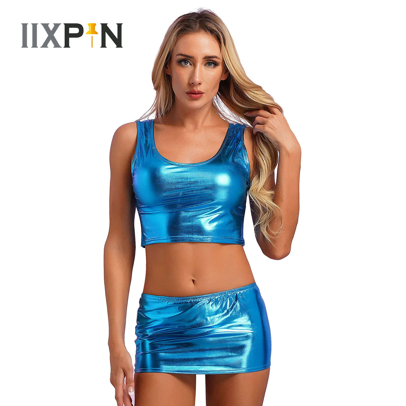 Nina - Glänzendes Metallic-Rave-Outfit mit Crop Top und Minirock