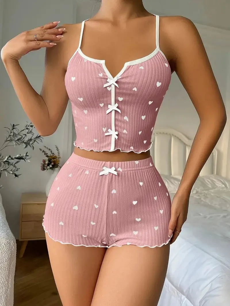 Lena - Herz Print Pyjama Set Seidene Loungewear für Damen