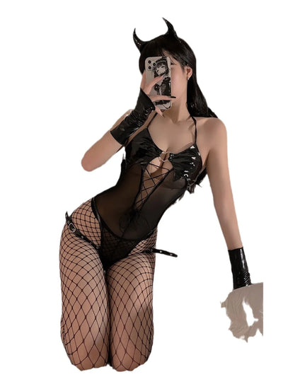 Lena - Sexy Leder Body Suit mit Teufelshörnchen