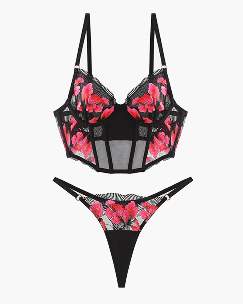 Besticktes Korsett-BH und Slip 2er-Set