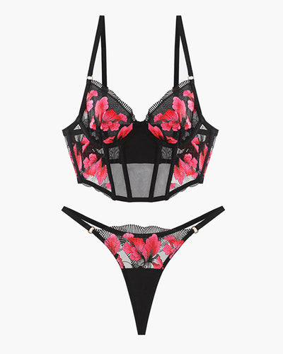 Besticktes Korsett-BH und Slip 2er-Set