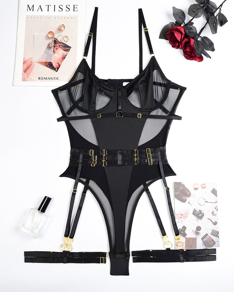 Erotisches Bodysuit-Lingerie-Set mit Strümpfhalter
