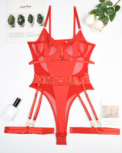 Erotisches Bodysuit-Lingerie-Set mit Strümpfhalter