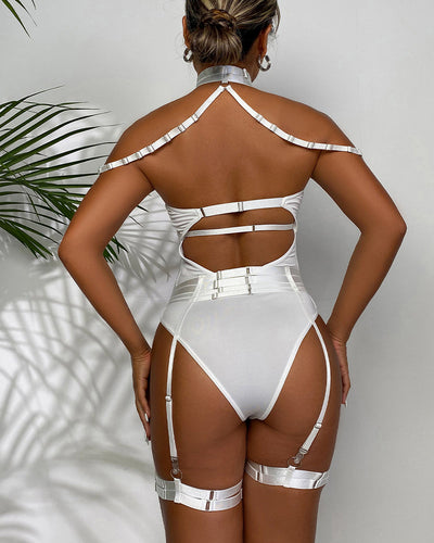 Mesh-Choker-Bodysuit mit Strumpfhaltern