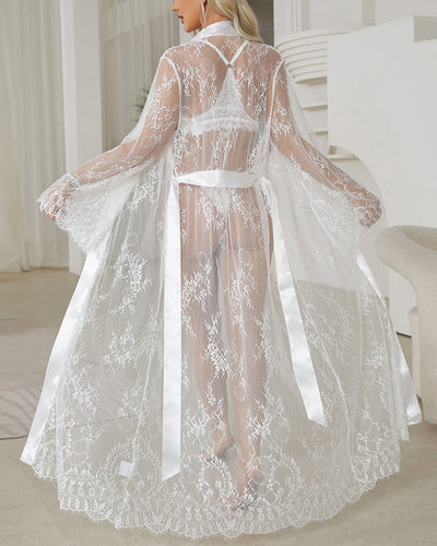 Transparente Spitze Satinkleid mit Bindegürtel