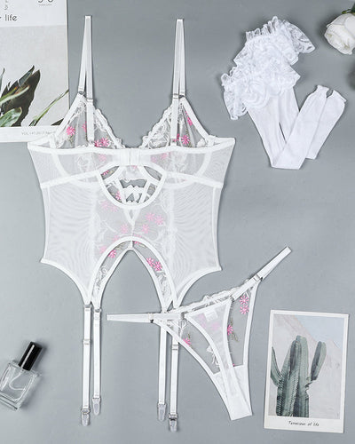 Blumenbestickter Strumpf- und BH-Set