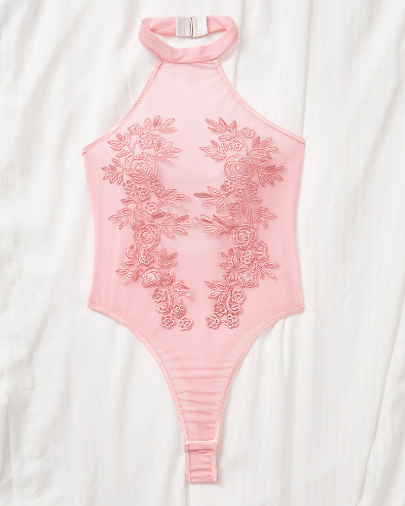 Mesh durchscheinender floral bestickter bodysuit