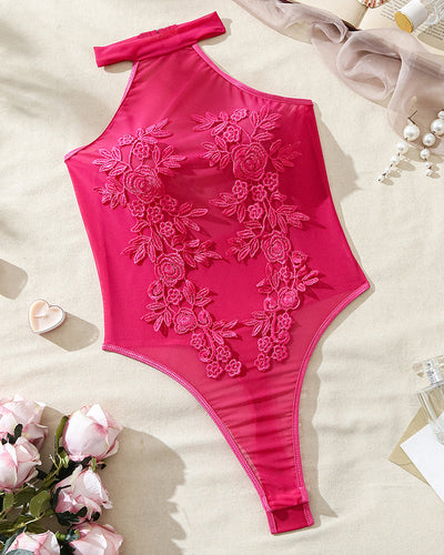 Mesh durchscheinender floral bestickter bodysuit