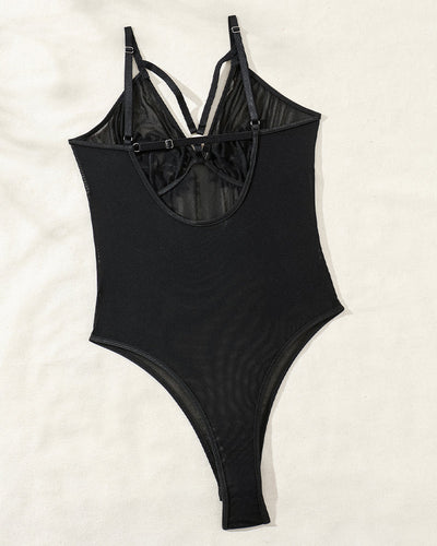 Blümchenbestickter Netzstoff-Transparenter Bodysuit