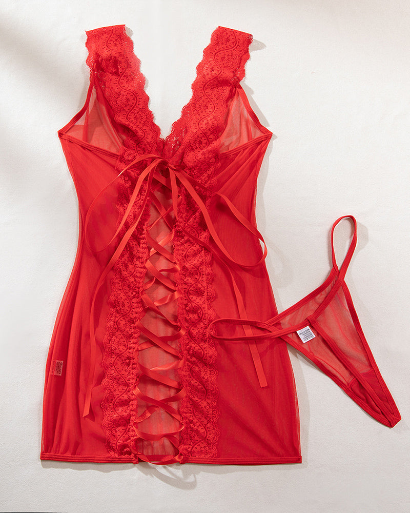 Tiefes V-Ausschnitt Rückenfreies Kleid mit Schnürung