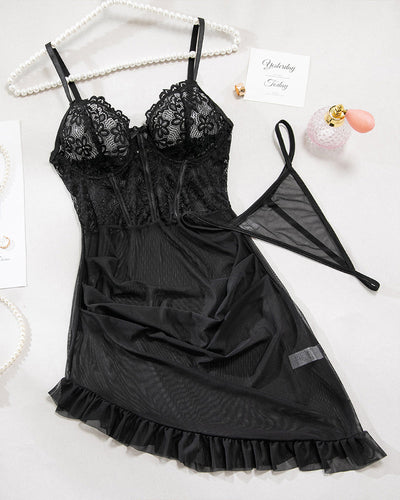 Blumenstickerei Mesh Dessous Set