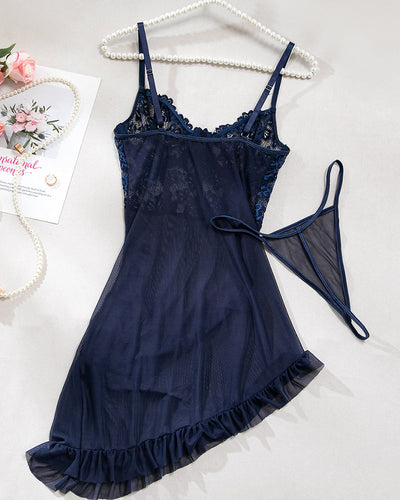 Blumenstickerei Mesh Dessous Set