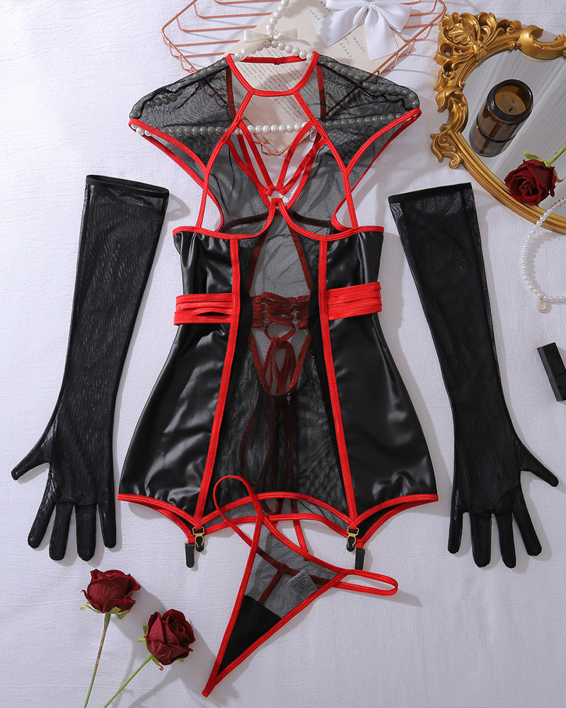 Leder Fishnet Nahtloses Spitze-auf-Nachtkleid ohne Bügel