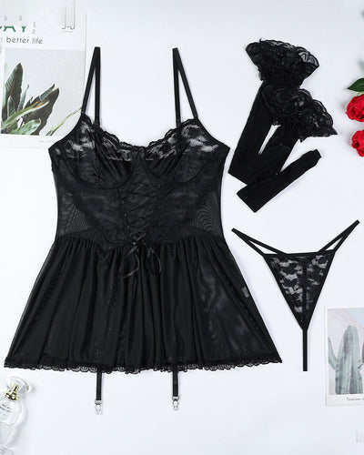 Blumiger Spitzennetz Babydoll-Deckenkleid + Strümpfe