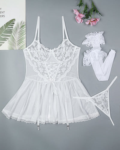 Blumiger Spitzennetz Babydoll-Deckenkleid + Strümpfe