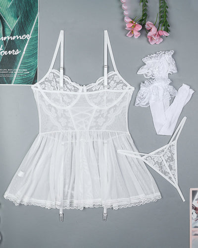 Blumiger Spitzennetz Babydoll-Deckenkleid + Strümpfe