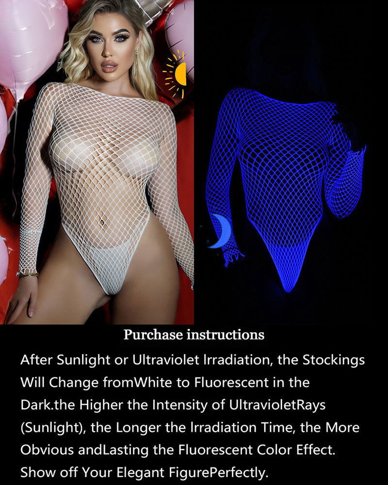 Leuchtend blauer Langarm-Fischernetz-Bodysuit
