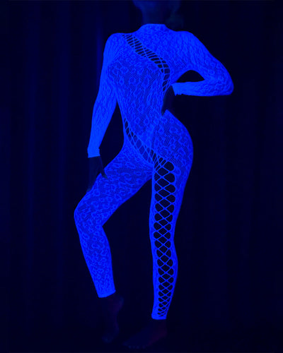 Leuchtende blaue Fischernetz-Bodystockings
