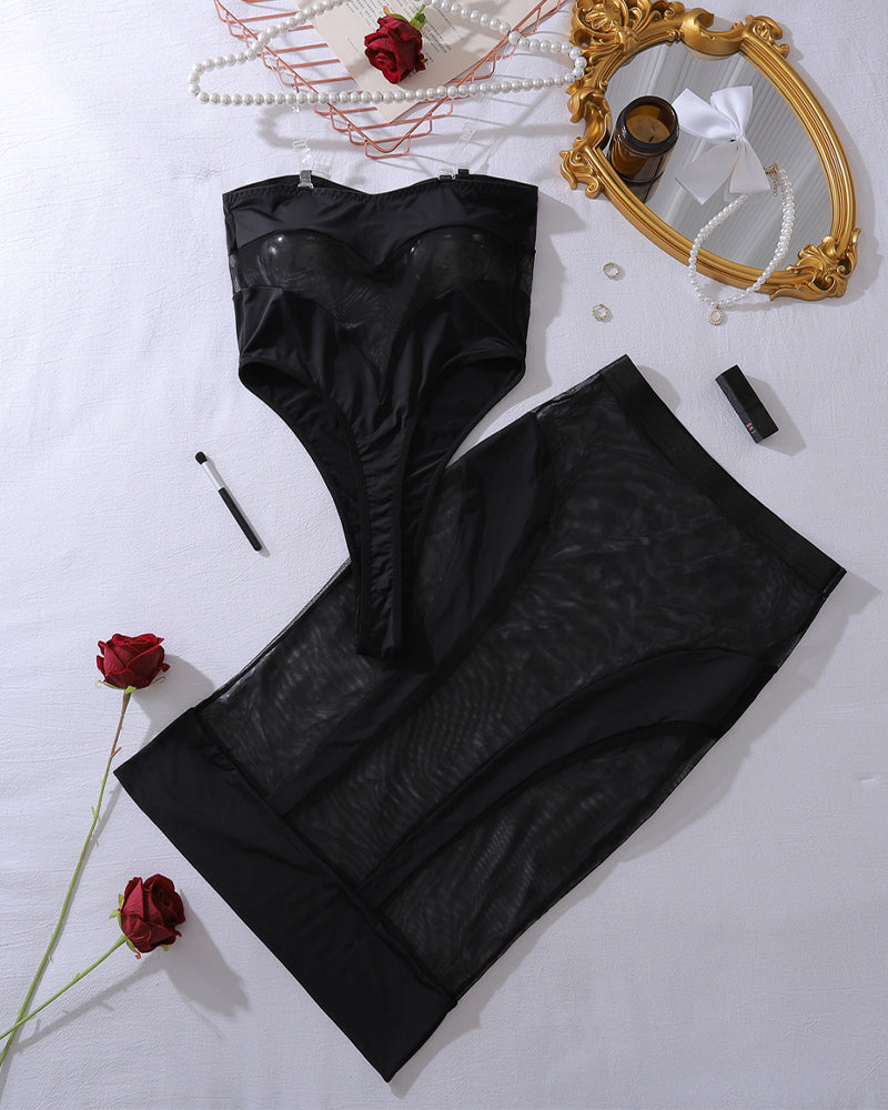 Netz-transparentes Bodysuit und Rock 2-teiliges Set