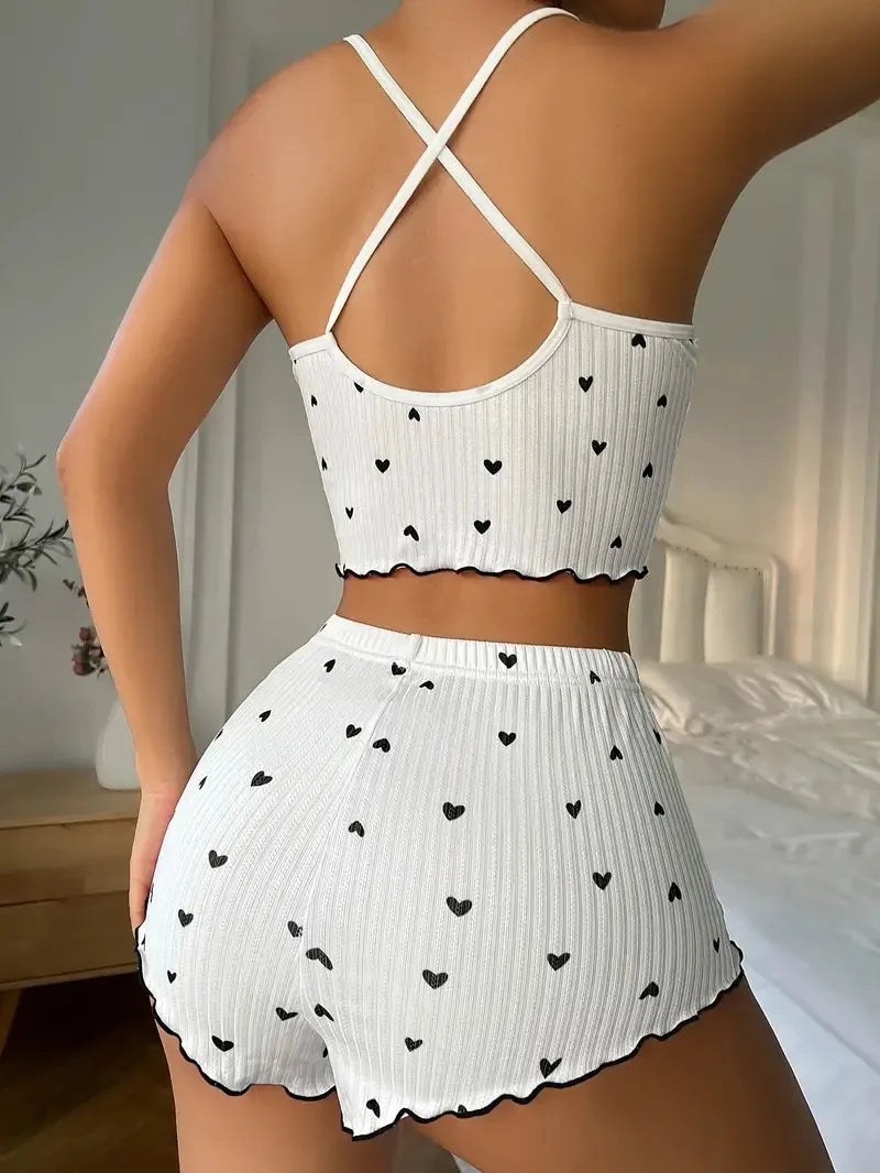 Lena - Herz Print Pyjama Set Seidene Loungewear für Damen