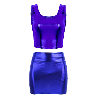 Nina - Glänzendes Metallic-Rave-Outfit mit Crop Top und Minirock
