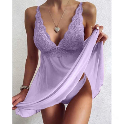 Eva - Verführerische Transparente Chemise mit Spitze und Tiefem V-Ausschnitt