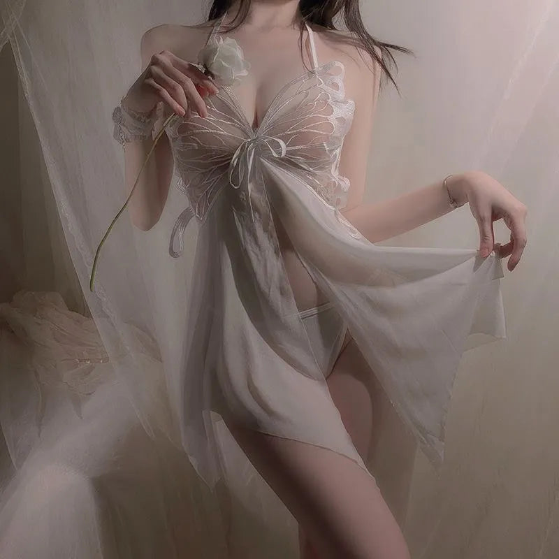 Lena - Transparenter Schmetterlingsspitzen-Pyjama-Set